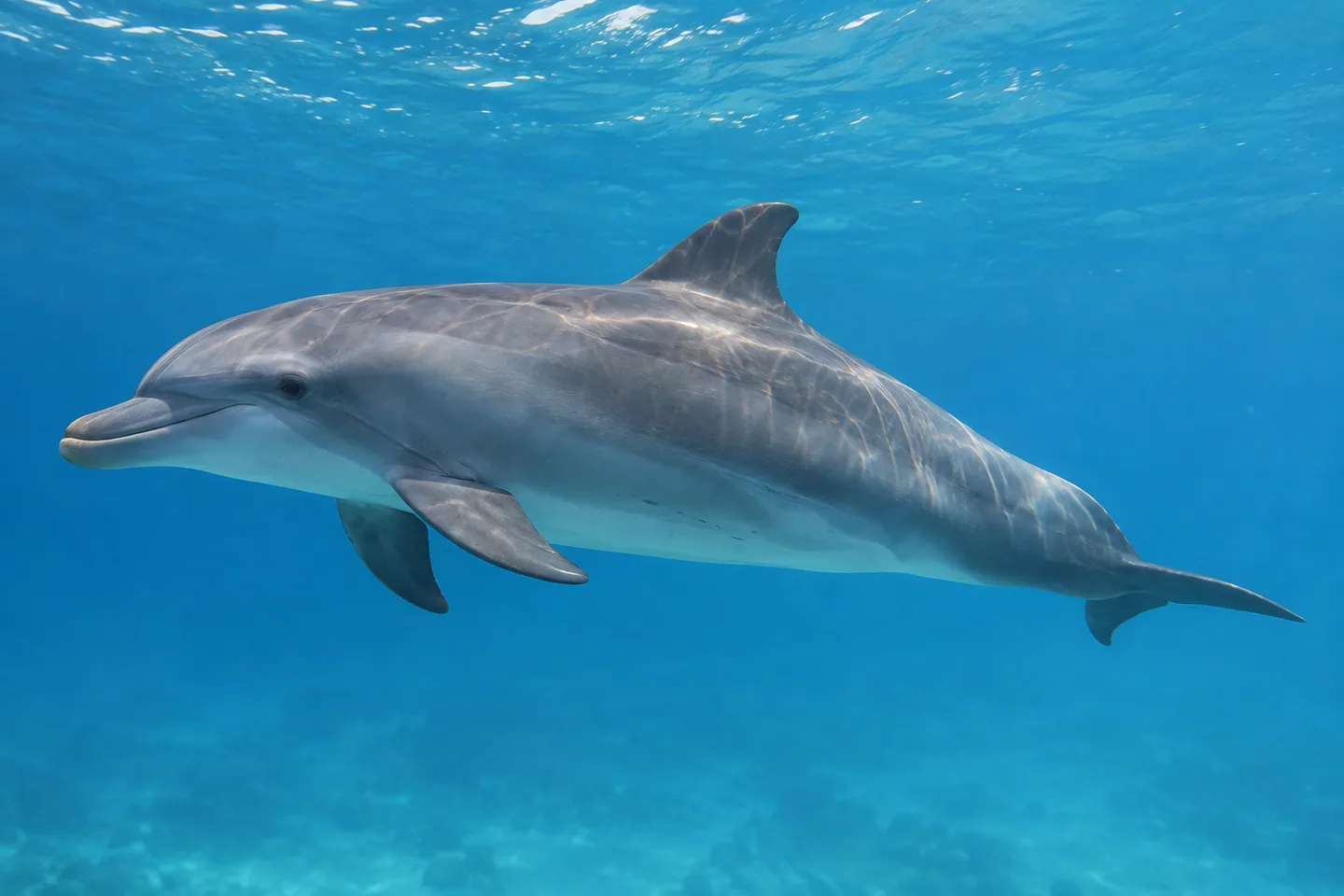 Delfin văzut lateral în apă, reprezentând corpul extern al unui cetaceu.