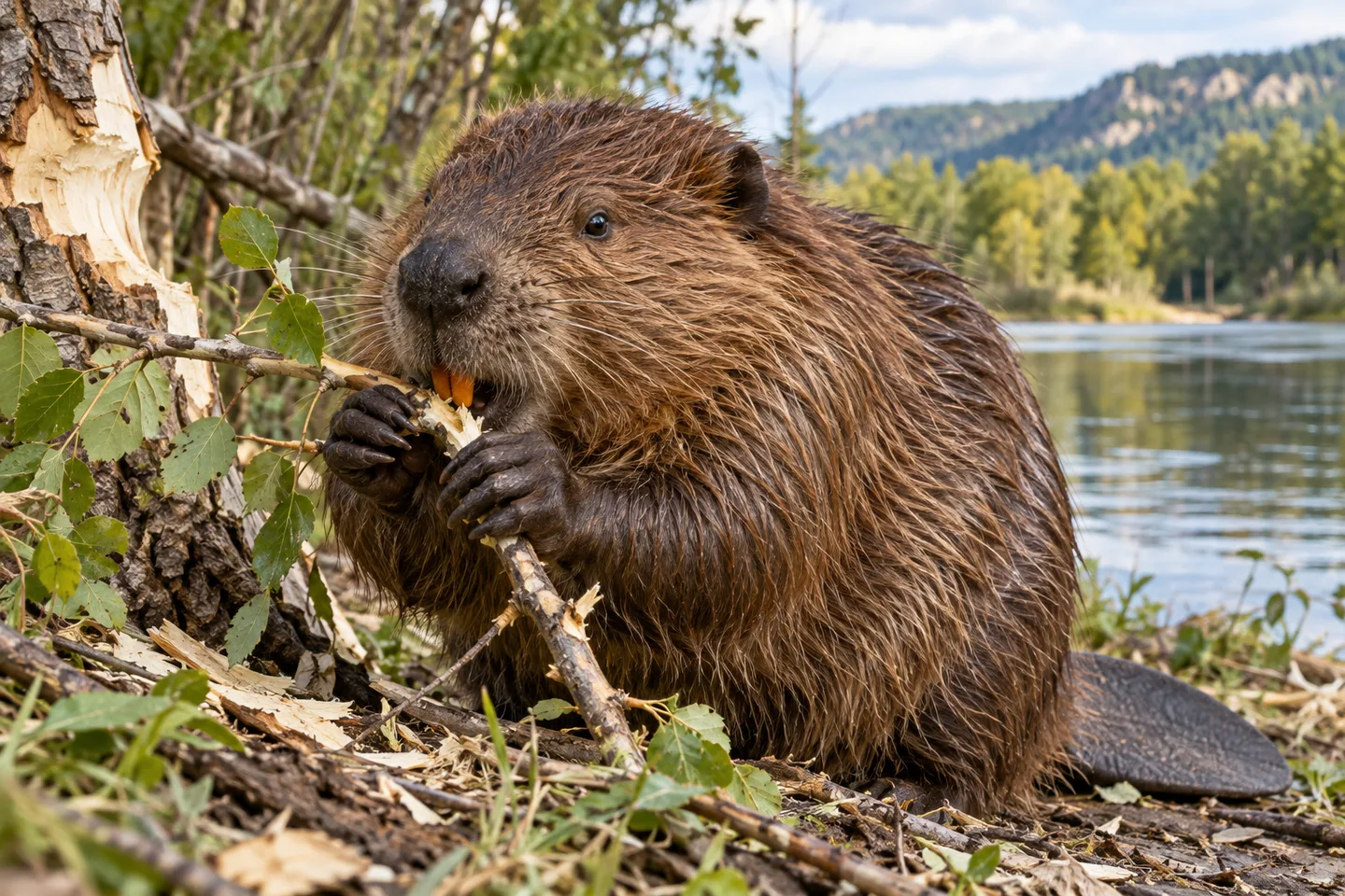 Castor care roade o ramură, cu incisivii portocalii vizibili.
