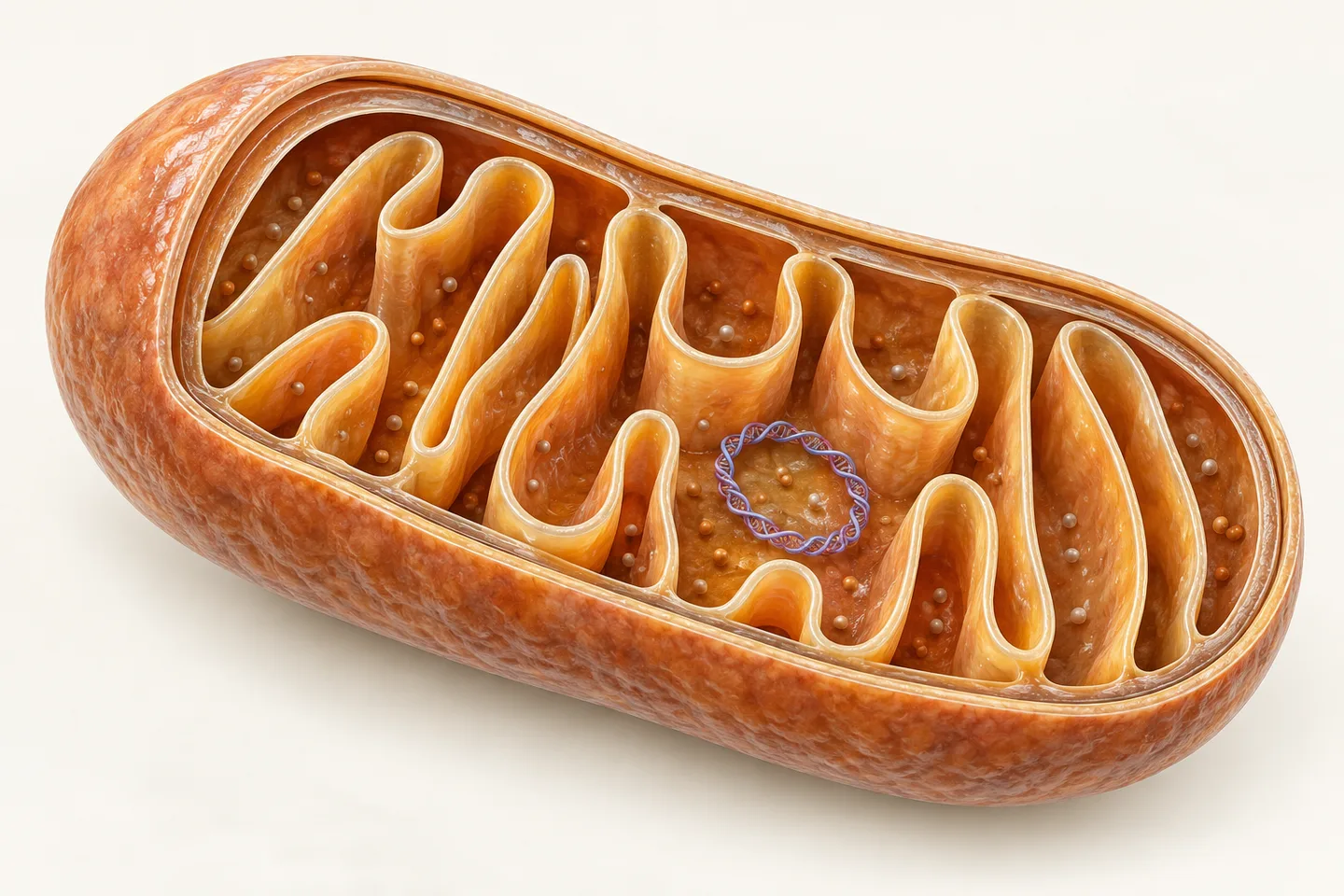 Ilustrație de mitocondrie cu membrane, creste și o reprezentare a ADN-ului propriu.