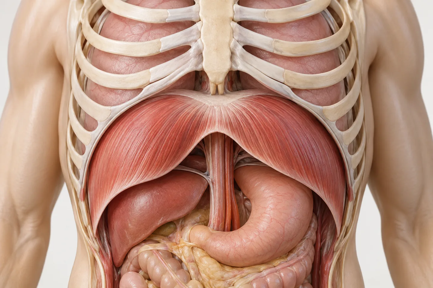 Ilustrație anatomică a diafragmei sub coaste, deasupra organelor abdominale.