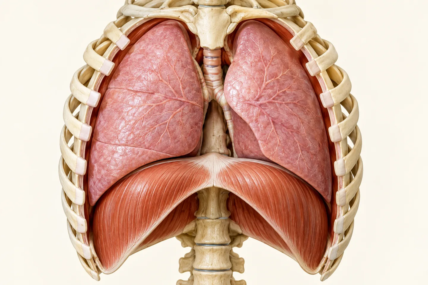 Model anatomic cu plămânii, coastele și diafragma curbată dedesubt.