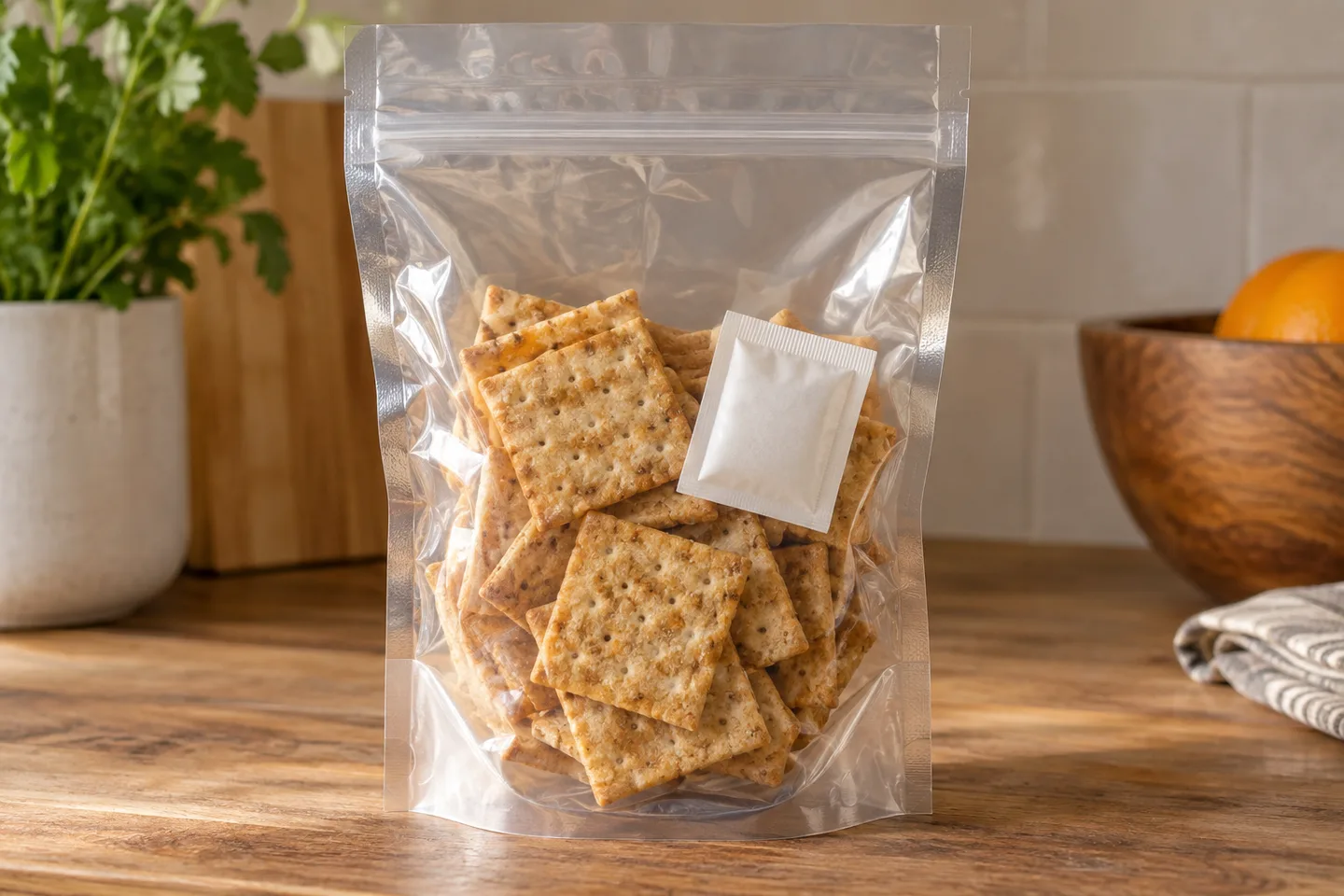 Ambalaj închis cu biscuiți și un plic absorbant intact.