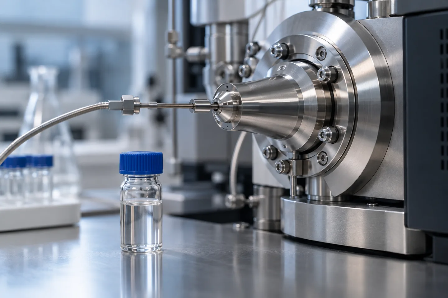 Recipient închis lângă intrarea unui spectrometru de masă.