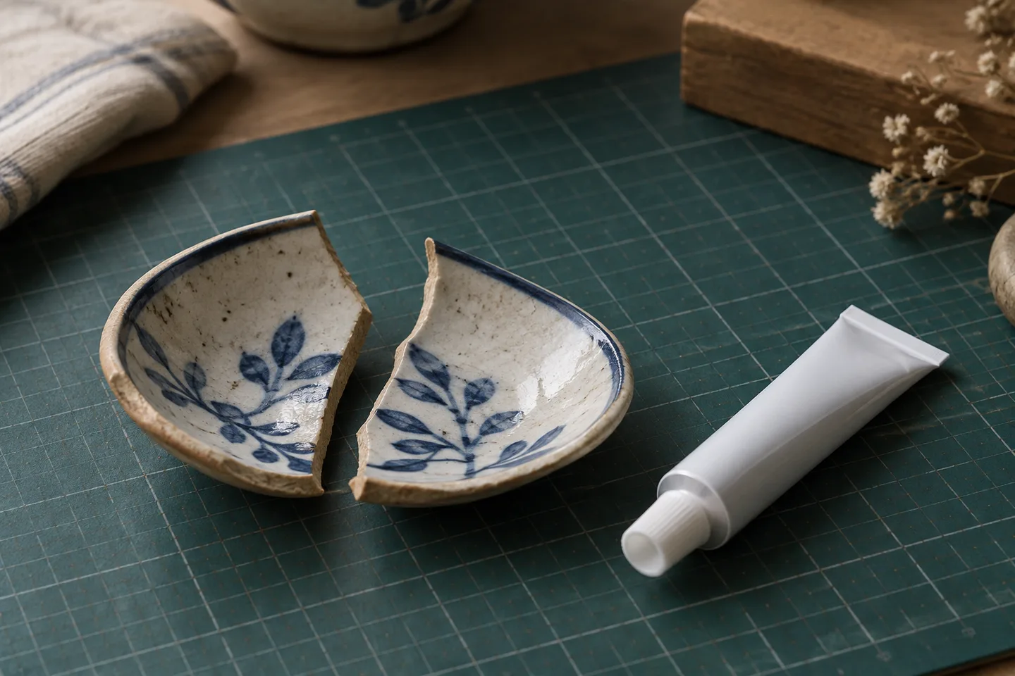 Tub închis de adeziv lângă fragmente ceramice.