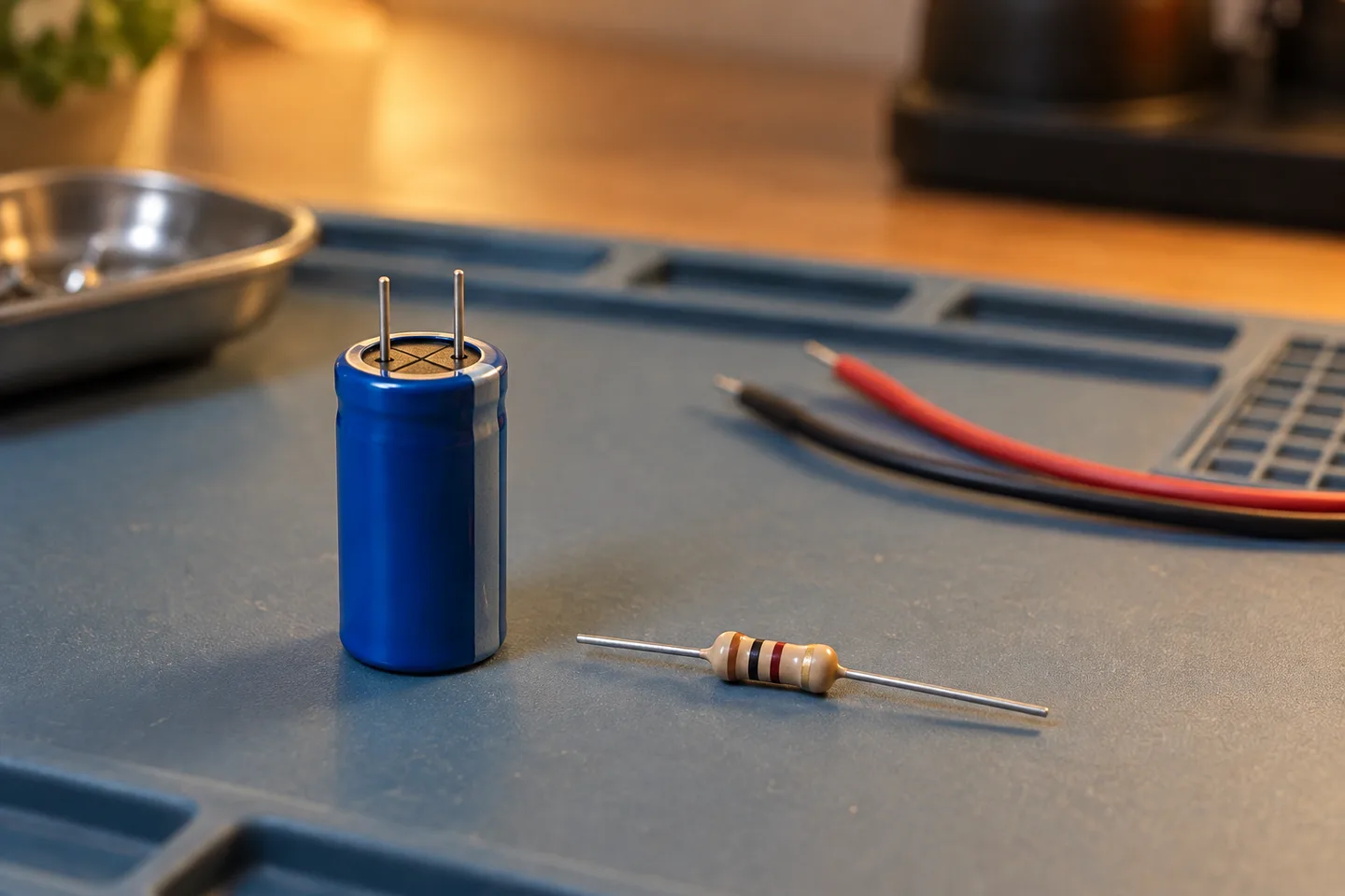 Condensator și rezistor separate, componente pentru un circuit RC.