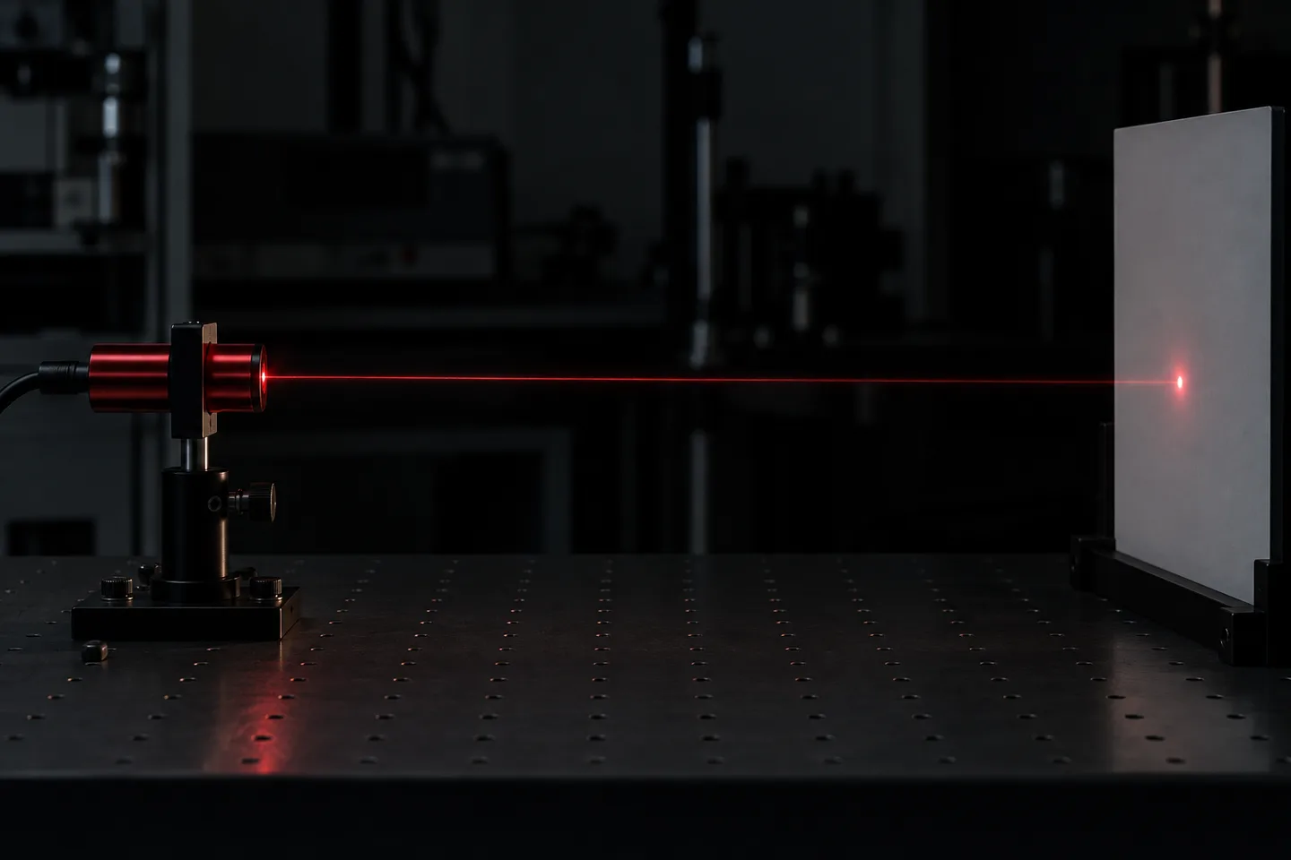 Modul laser îndreptat către un ecran mat de laborator.