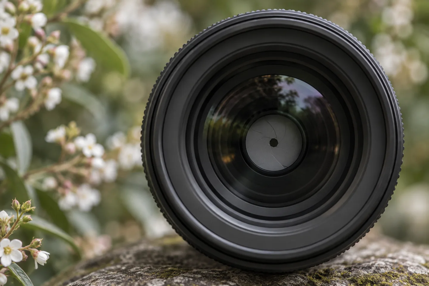 Diafragmă închisă vizibilă în interiorul unui obiectiv fotografic.