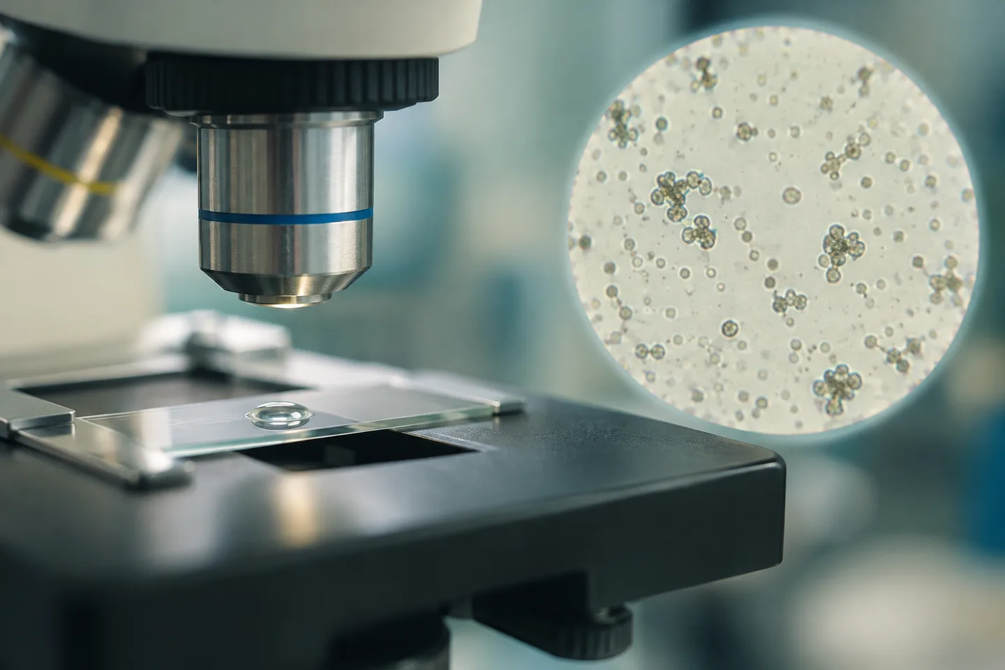 Microscop și reprezentare ilustrativă a particulelor suspendate într-un lichid.