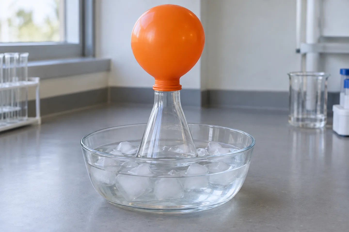 Balon rotunjit pe un recipient aflat într-o baie de apă rece.