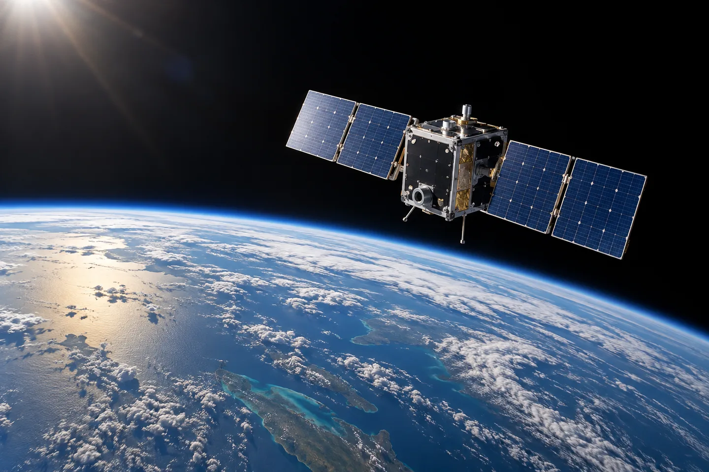 Satelit ilustrativ deasupra orizontului curbat al Pământului.