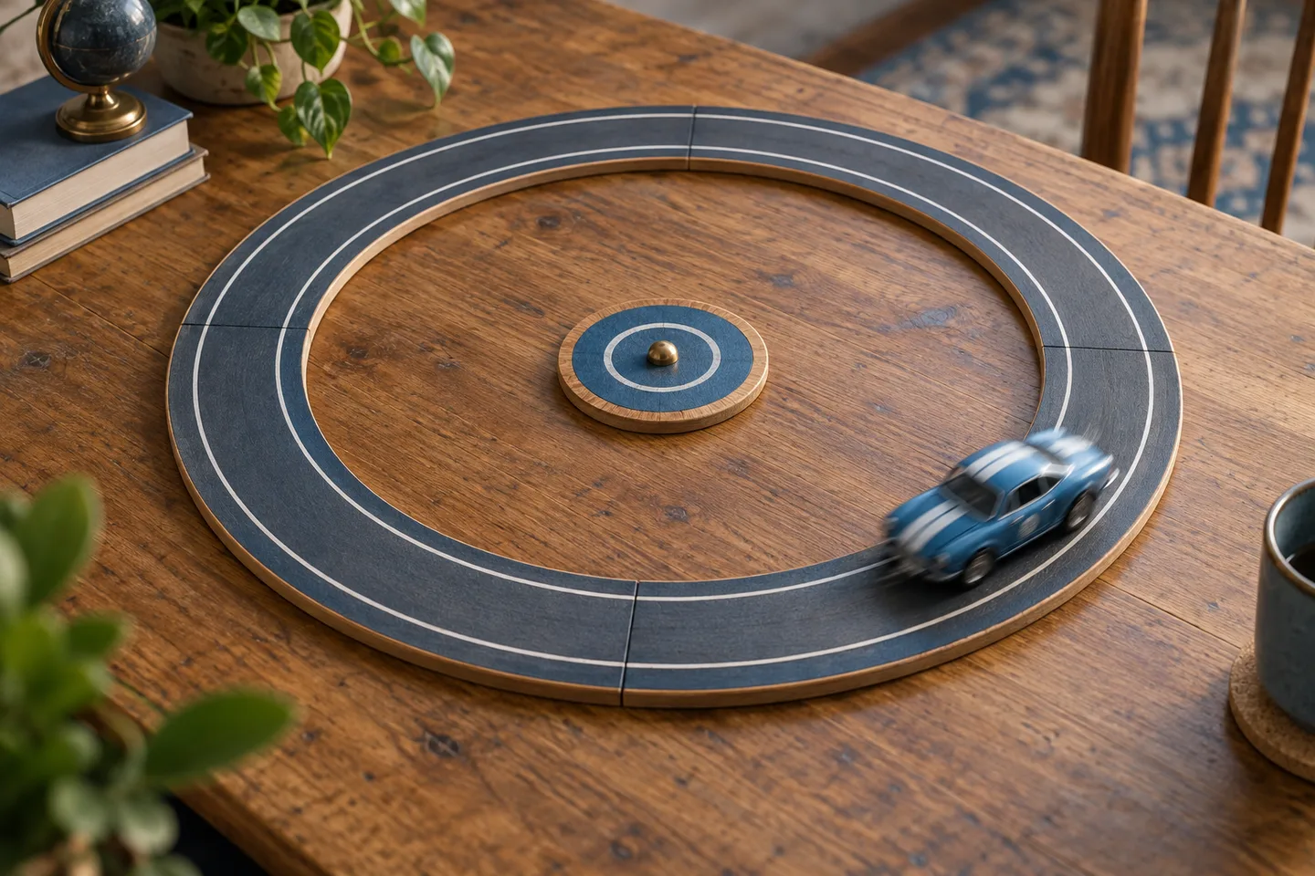 Mașinuță pe o pistă circulară, văzută de sus.