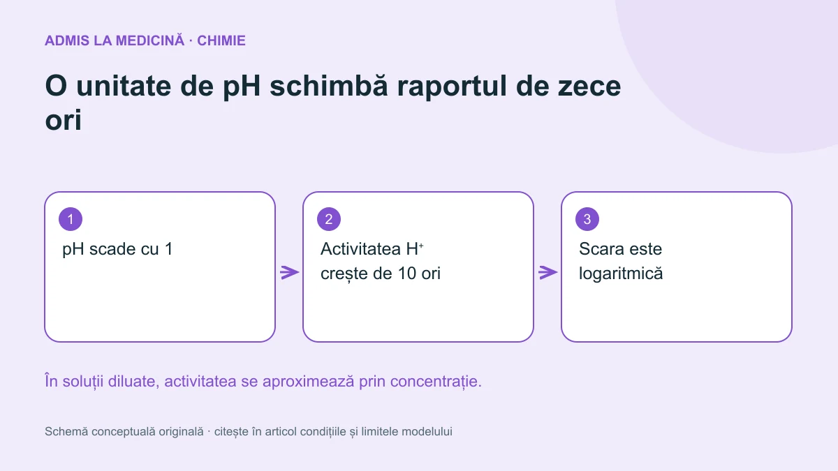 O unitate de pH schimbă raportul de zece ori. Schemă conceptuală originală Admis la Medicină.