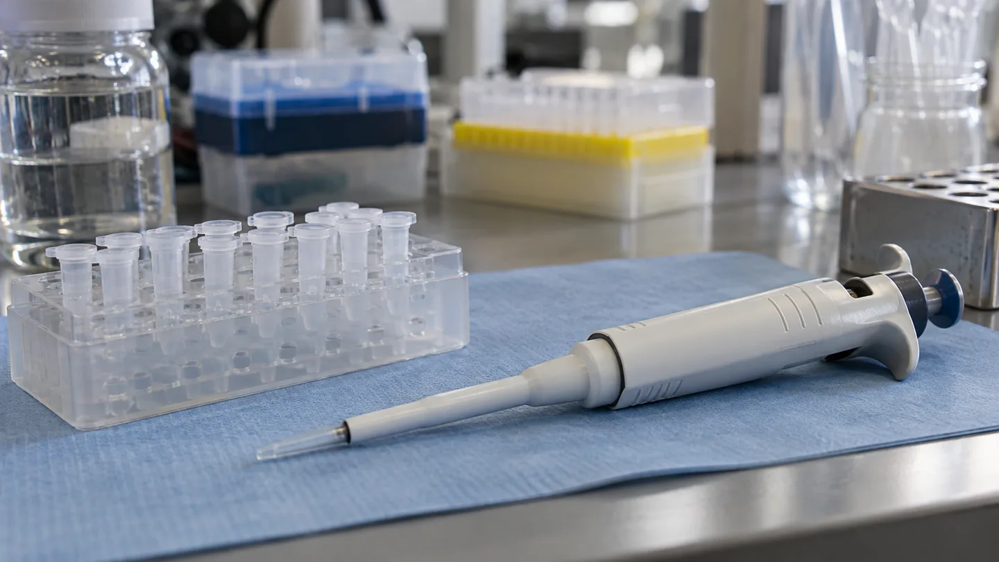 Micropipetă și suport cu microtuburi pe o masă de laborator.