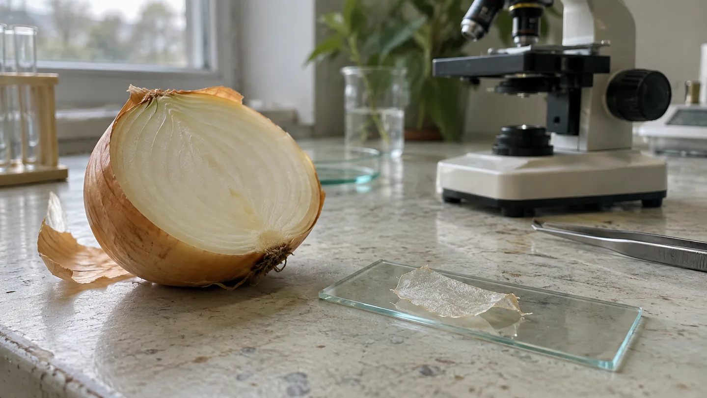 Ceapă secționată, epidermă pe o lamă de sticlă și microscop pe masa de lucru.
