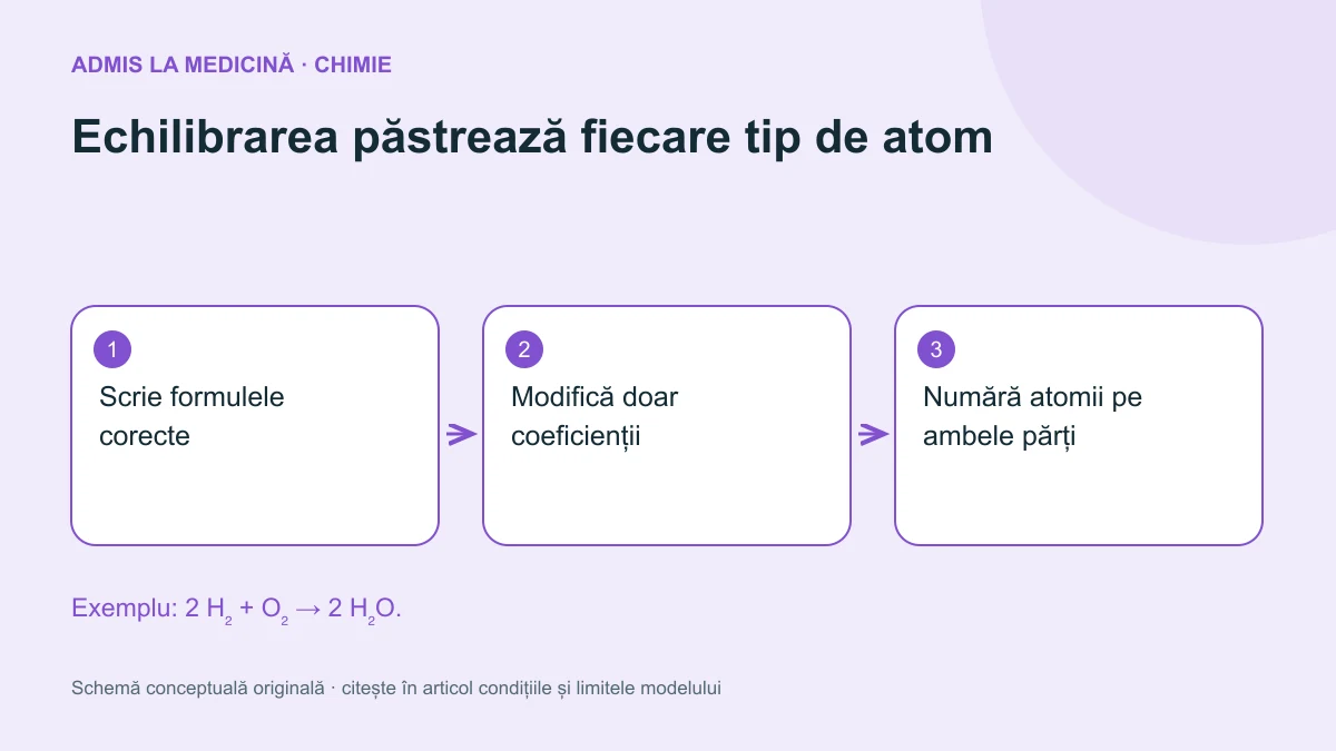 Echilibrarea păstrează fiecare tip de atom. Schemă conceptuală originală Admis la Medicină.