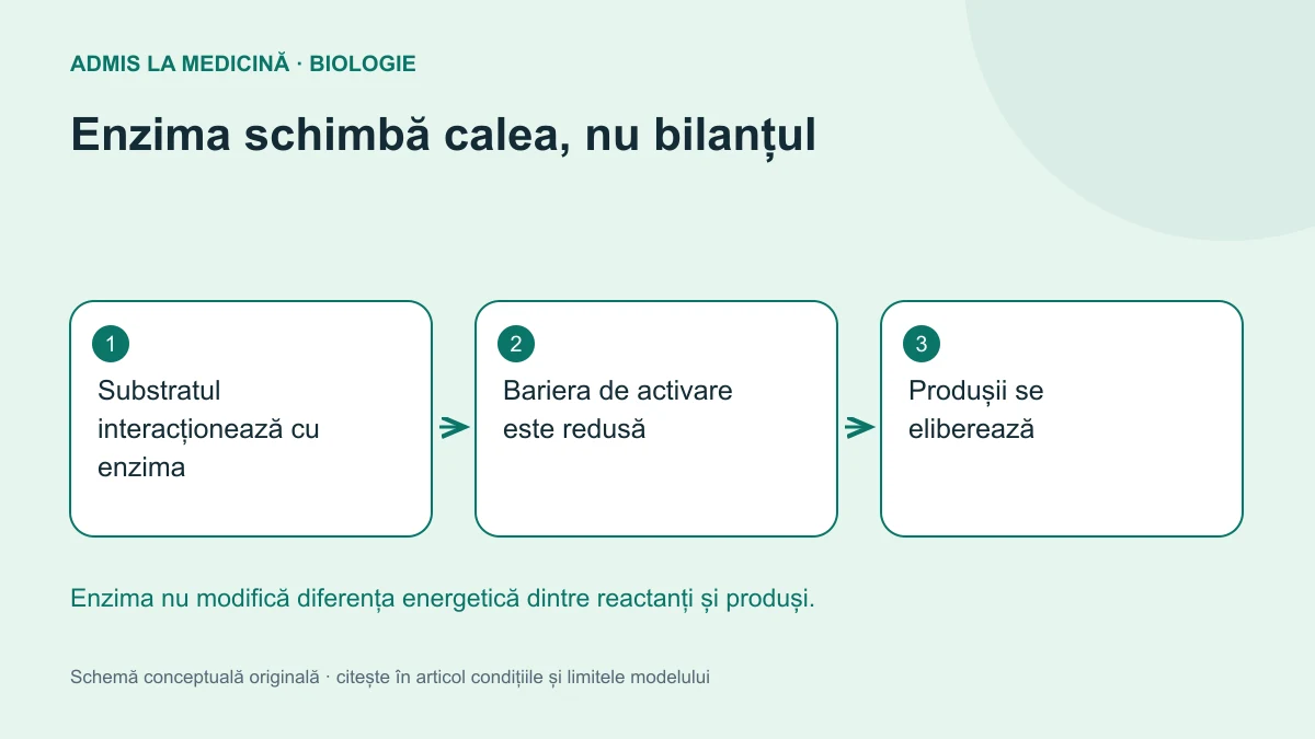 Enzima schimbă calea, nu bilanțul. Schemă conceptuală originală Admis la Medicină.