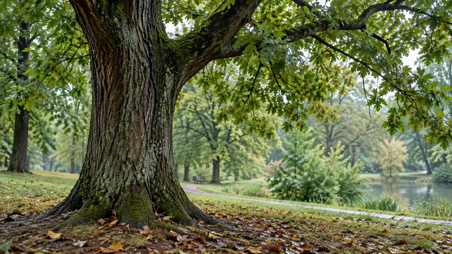 Trunchiul unui arbore matur și coroana sa verde într-un parc.