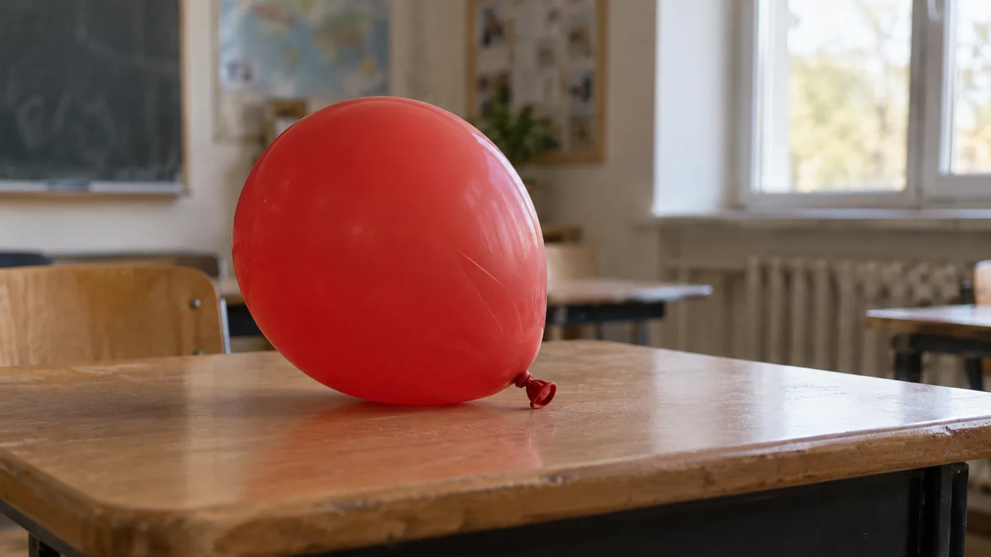 Balon obișnuit cu aer, pe o masă, pentru tema proprietăților gazelor.