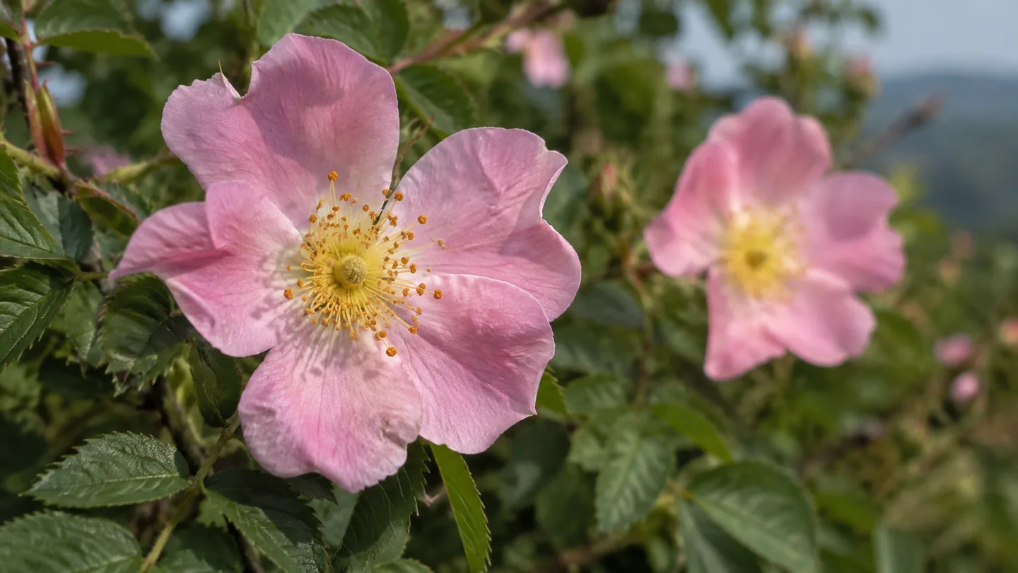 Floare de măceș cu stamine vizibile, într-un cadru natural.