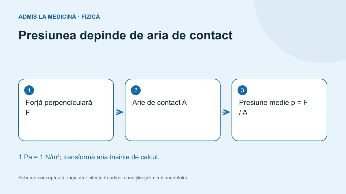 Presiunea depinde de aria de contact. Schemă conceptuală originală Admis la Medicină.