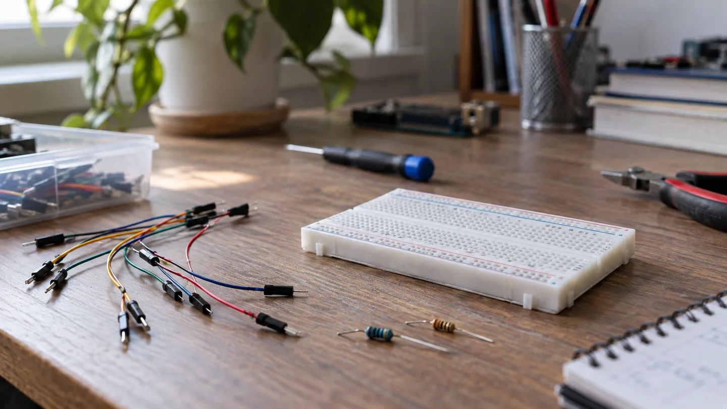 Placă de prototipare și componente pentru studierea circuitelor.