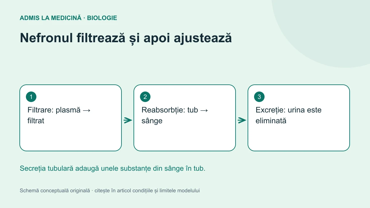 Nefronul filtrează și apoi ajustează. Schemă conceptuală originală Admis la Medicină.