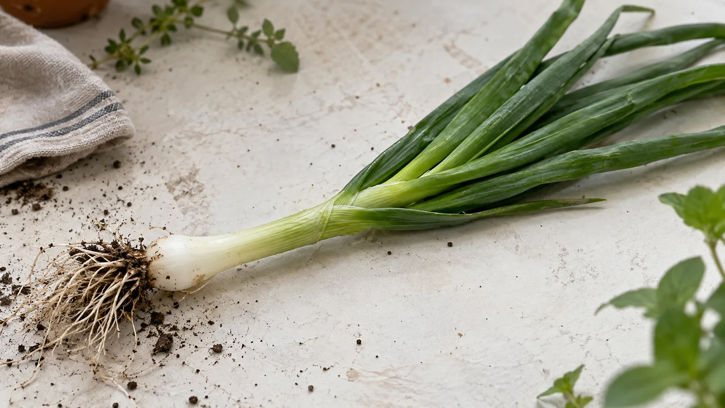 Ceapă verde întreagă, cu rădăcină, bulb și frunze vizibile.