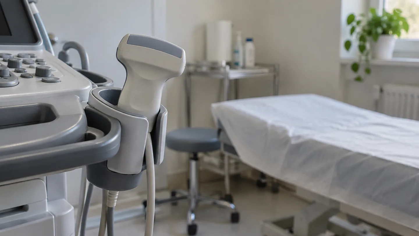 Traductor ecografic în suport, fără pacient sau imagine diagnostică.